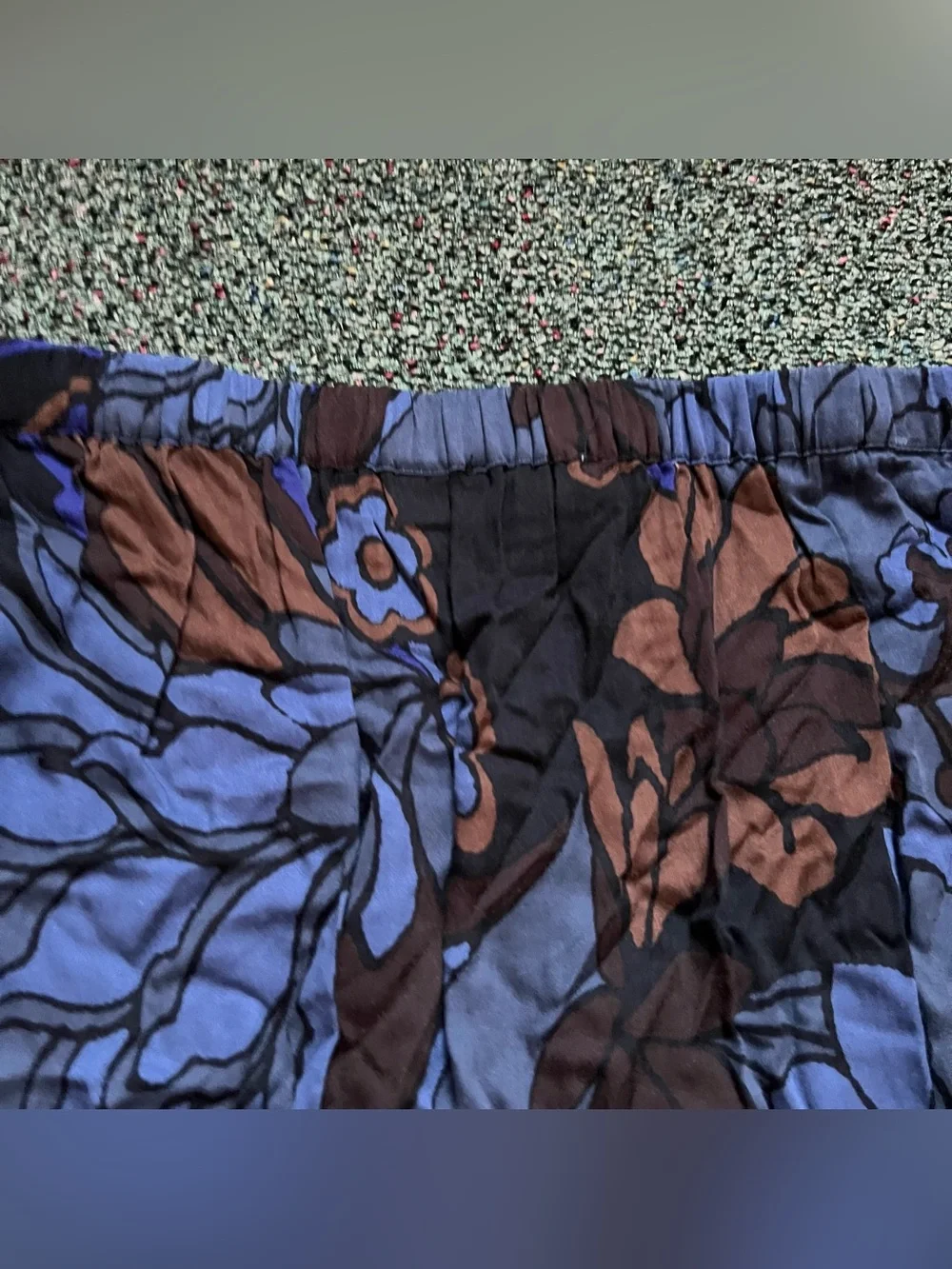 Blue Brown Floral Leaf Boho Modest High-Waist Midi Mermaid Tail Flare Skirt Sz L
